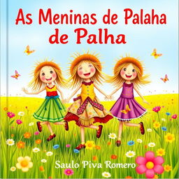 A vibrant and joyful children's book cover titled 'As Meninas de Palha', featuring a group of lively straw girls playing in a bright, sunny meadow