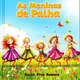 A vibrant and joyful children's book cover titled 'As Meninas de Palha', featuring a group of lively straw girls playing in a bright, sunny meadow