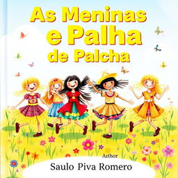 A vibrant and joyful children's book cover titled 'As Meninas de Palha', featuring a group of lively straw girls playing in a bright, sunny meadow