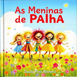 A vibrant and joyful children's book cover titled 'As Meninas de Palha', featuring a group of lively straw girls playing in a bright, sunny meadow