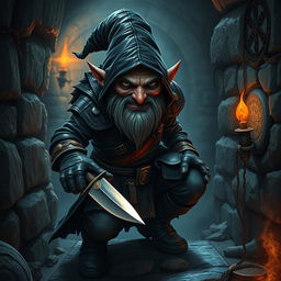 A cunning evil gnome assassin stealthily navigates the dimly lit corridors of an ancient tomb