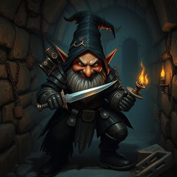 A cunning evil gnome assassin stealthily navigates the dimly lit corridors of an ancient tomb