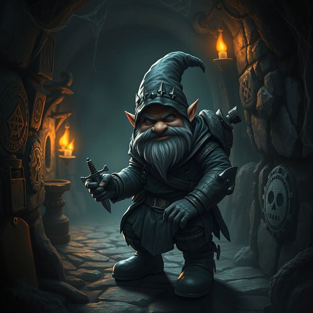 A cunning evil gnome assassin stealthily navigates the dimly lit corridors of an ancient tomb