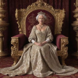 A regal queen, draped in elegant royal attire, sitting gracefully by her ornate throne in a lavishly decorated chamber.