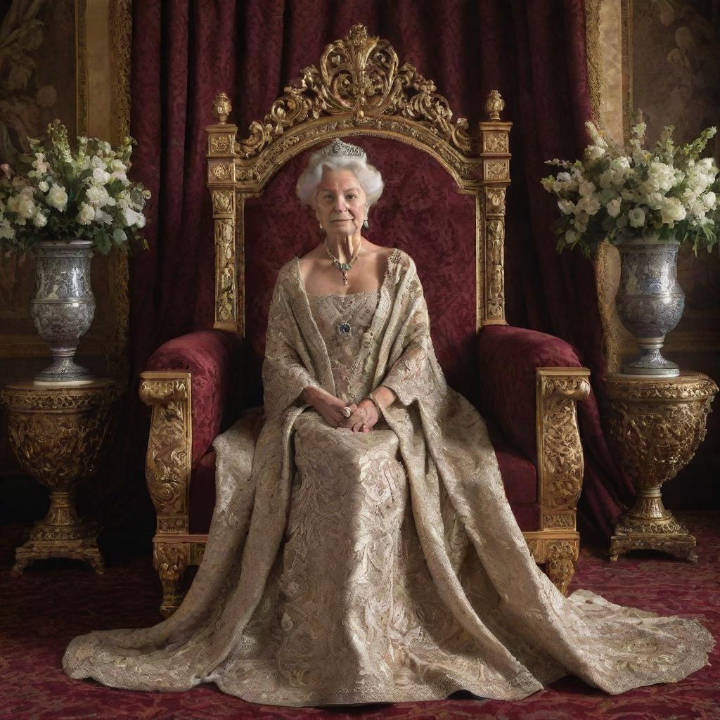 A regal queen, draped in elegant royal attire, sitting gracefully by her ornate throne in a lavishly decorated chamber.