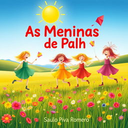 A picturesque children’s book cover for 'As Meninas de Palha', set in a beautiful, expansive field under a bright, blue sky