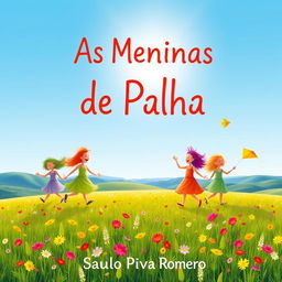 A picturesque children’s book cover for 'As Meninas de Palha', set in a beautiful, expansive field under a bright, blue sky