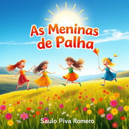 A picturesque children’s book cover for 'As Meninas de Palha', set in a beautiful, expansive field under a bright, blue sky