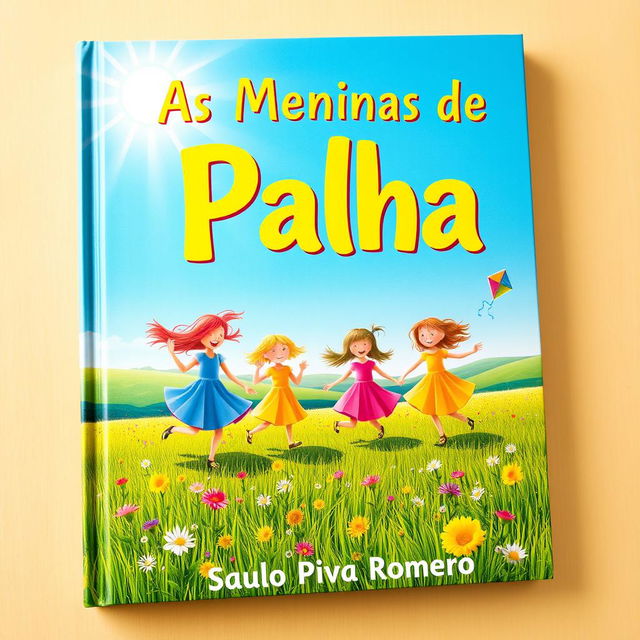 A picturesque children’s book cover for 'As Meninas de Palha', set in a beautiful, expansive field under a bright, blue sky