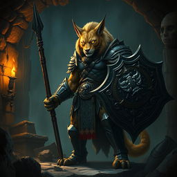 An imposing leonin warrior, embodying an aura of malevolence, stands guard within the depths of a shadowy tomb