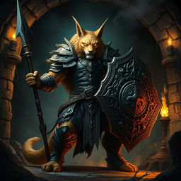 An imposing leonin warrior, embodying an aura of malevolence, stands guard within the depths of a shadowy tomb