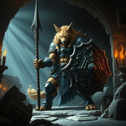 An imposing leonin warrior, embodying an aura of malevolence, stands guard within the depths of a shadowy tomb