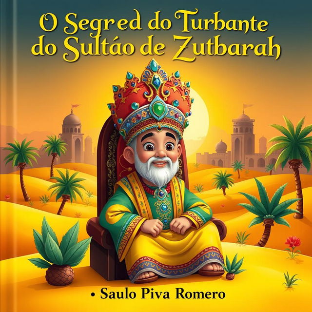 A captivating children's book cover for 'O Segredo do Turbante do Sultão de Al Zubarah'