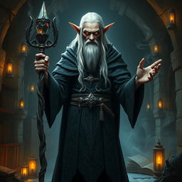 An ancient, malevolent elf archmage stands within a dark and ominous chamber, radiating an aura of power and intellect