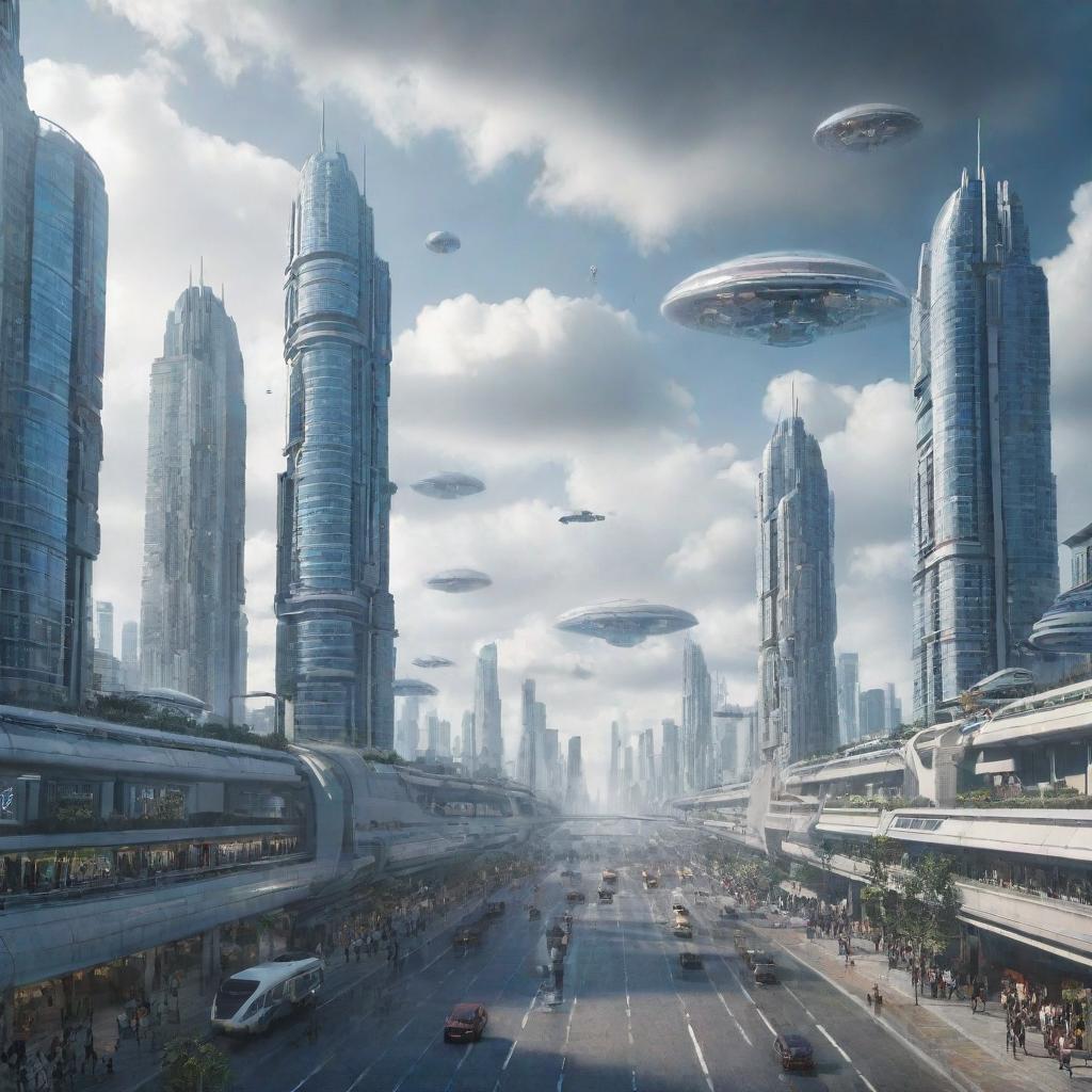 A futuristic city scene in the year 2300, filled with hyper-advanced technologies, hovering vehicles, skyscrapers reaching beyond clouds, and people interacting with AI entities