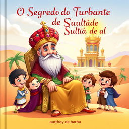 An enchanting children's book cover for 'O Segredo do Turbante do Sultão de Al Zubarah'