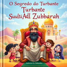 An enchanting children's book cover for 'O Segredo do Turbante do Sultão de Al Zubarah'