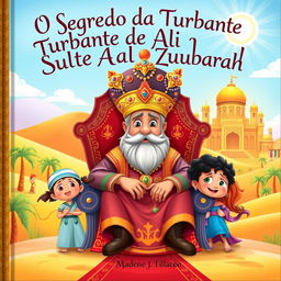 An enchanting children's book cover for 'O Segredo do Turbante do Sultão de Al Zubarah'