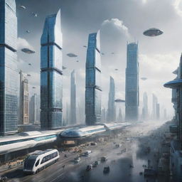 A futuristic city scene in the year 2300, filled with hyper-advanced technologies, hovering vehicles, skyscrapers reaching beyond clouds, and people interacting with AI entities