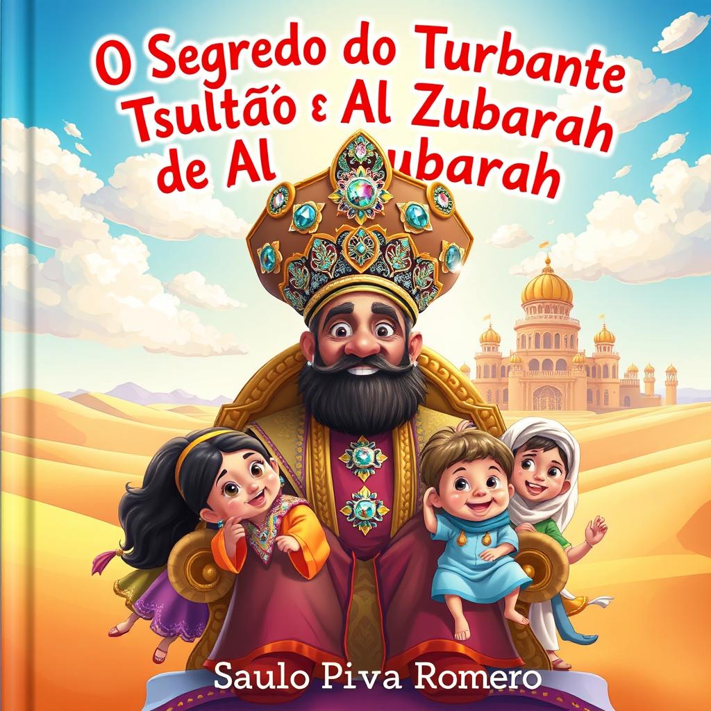 A vibrant children's book cover for 'O Segredo do Turbante do Sultão de Al Zubarah' by Saulo Piva Romero