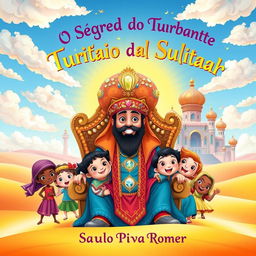 A vibrant children's book cover for 'O Segredo do Turbante do Sultão de Al Zubarah' by Saulo Piva Romero