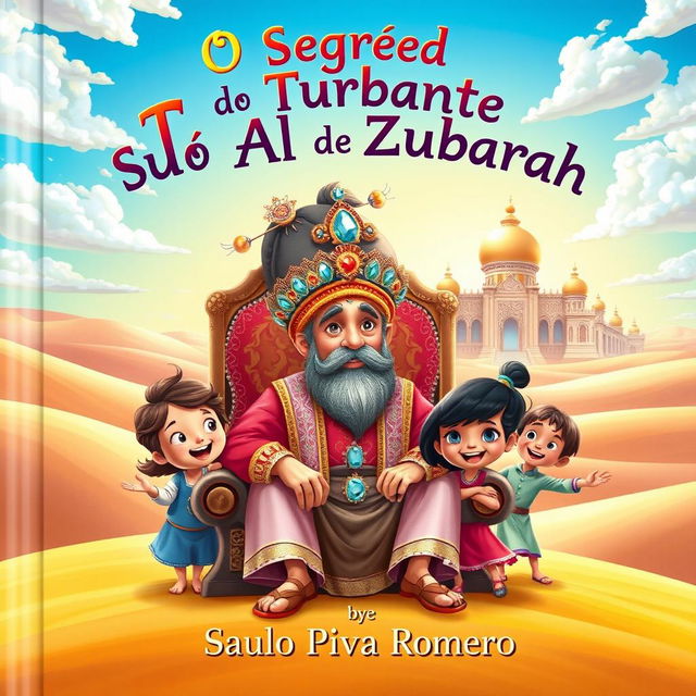 A vibrant children's book cover for 'O Segredo do Turbante do Sultão de Al Zubarah' by Saulo Piva Romero