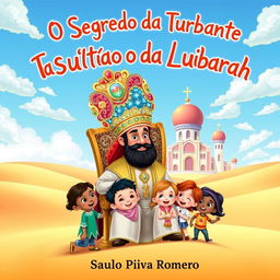 A vibrant children's book cover for 'O Segredo do Turbante do Sultão de Al Zubarah' by Saulo Piva Romero