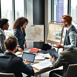 A vibrant and professional scene depicting a group of diverse investigators in an office setting