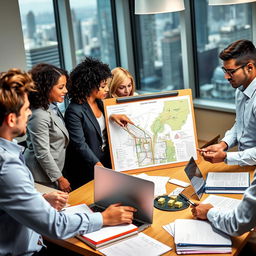 A vibrant and professional scene depicting a group of diverse investigators in an office setting