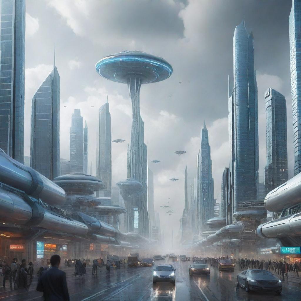 A futuristic city scene in the year 2300, filled with hyper-advanced technologies, hovering vehicles, skyscrapers reaching beyond clouds, and people interacting with AI entities