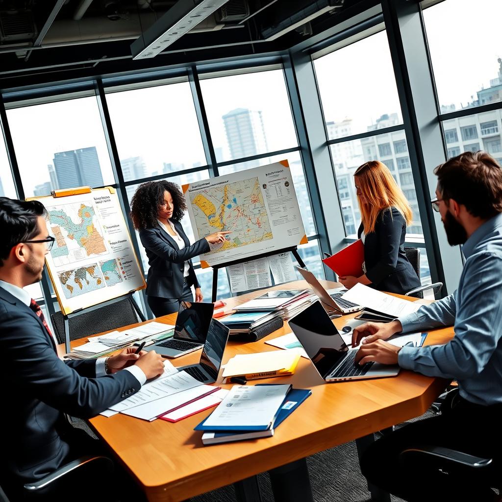 A vibrant and professional scene depicting a group of diverse investigators in an office setting