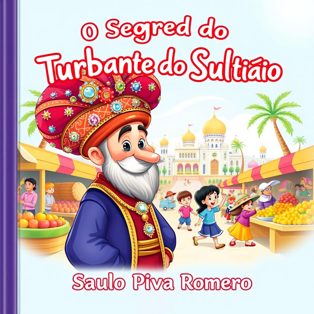 A delightful and whimsical children's book cover for 'O Segredo do Turbante do Sultão' by Saulo Piva Romero