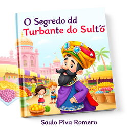 A delightful and whimsical children's book cover for 'O Segredo do Turbante do Sultão' by Saulo Piva Romero