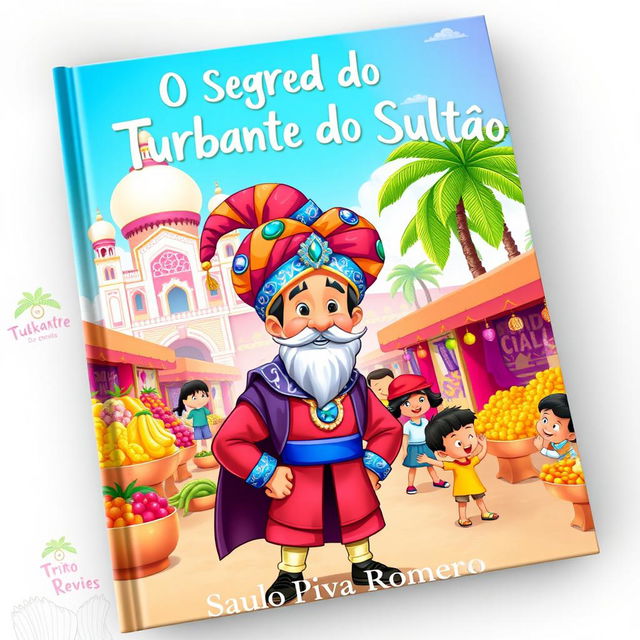 A delightful and whimsical children's book cover for 'O Segredo do Turbante do Sultão' by Saulo Piva Romero