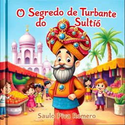 A delightful and whimsical children's book cover for 'O Segredo do Turbante do Sultão' by Saulo Piva Romero