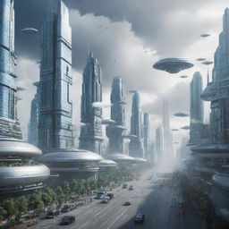 A futuristic city scene in the year 2300, filled with hyper-advanced technologies, hovering vehicles, skyscrapers reaching beyond clouds, and people interacting with AI entities