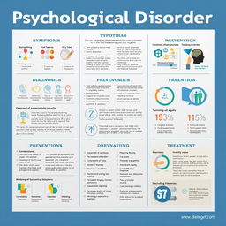 A comprehensive guide on psychological disorders, showcasing various topics such as symptoms, causes, diagnosis, prevention, and treatment