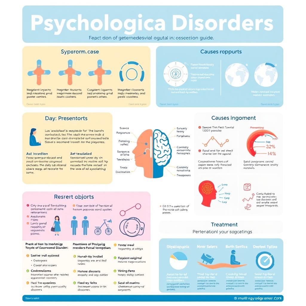 A comprehensive guide on psychological disorders, showcasing various topics such as symptoms, causes, diagnosis, prevention, and treatment