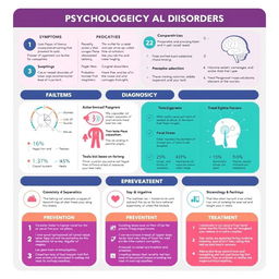 A comprehensive guide on psychological disorders, showcasing various topics such as symptoms, causes, diagnosis, prevention, and treatment