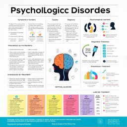 A comprehensive guide on psychological disorders, showcasing various topics such as symptoms, causes, diagnosis, prevention, and treatment