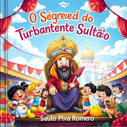 A whimsical and colorful children's book cover for 'O Segredo do Turbante do Sultão' by Saulo Piva Romero