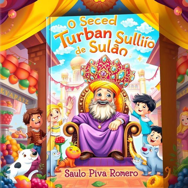 A whimsical and colorful children's book cover for 'O Segredo do Turbante do Sultão' by Saulo Piva Romero