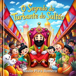 A whimsical and colorful children's book cover for 'O Segredo do Turbante do Sultão' by Saulo Piva Romero