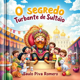 A whimsical and colorful children's book cover for 'O Segredo do Turbante do Sultão' by Saulo Piva Romero