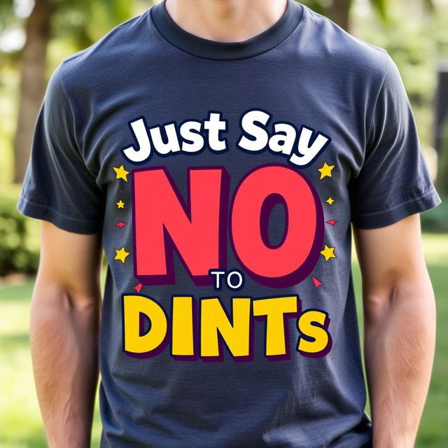 A vibrant and eye-catching graphic design for a tee shirt featuring the bold text "Just Say NO to DINTs" in an engaging font