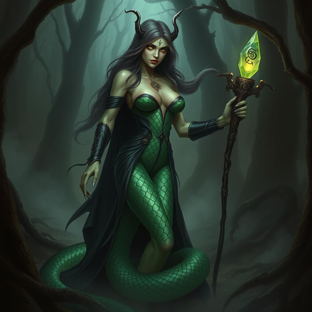 A sinister lamia from Dungeons & Dragons slinks through a shadowy forest, exuding an aura of malevolence