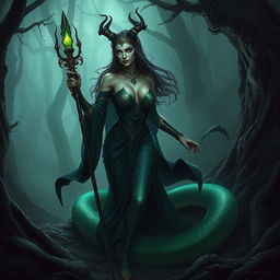 A sinister lamia from Dungeons & Dragons slinks through a shadowy forest, exuding an aura of malevolence