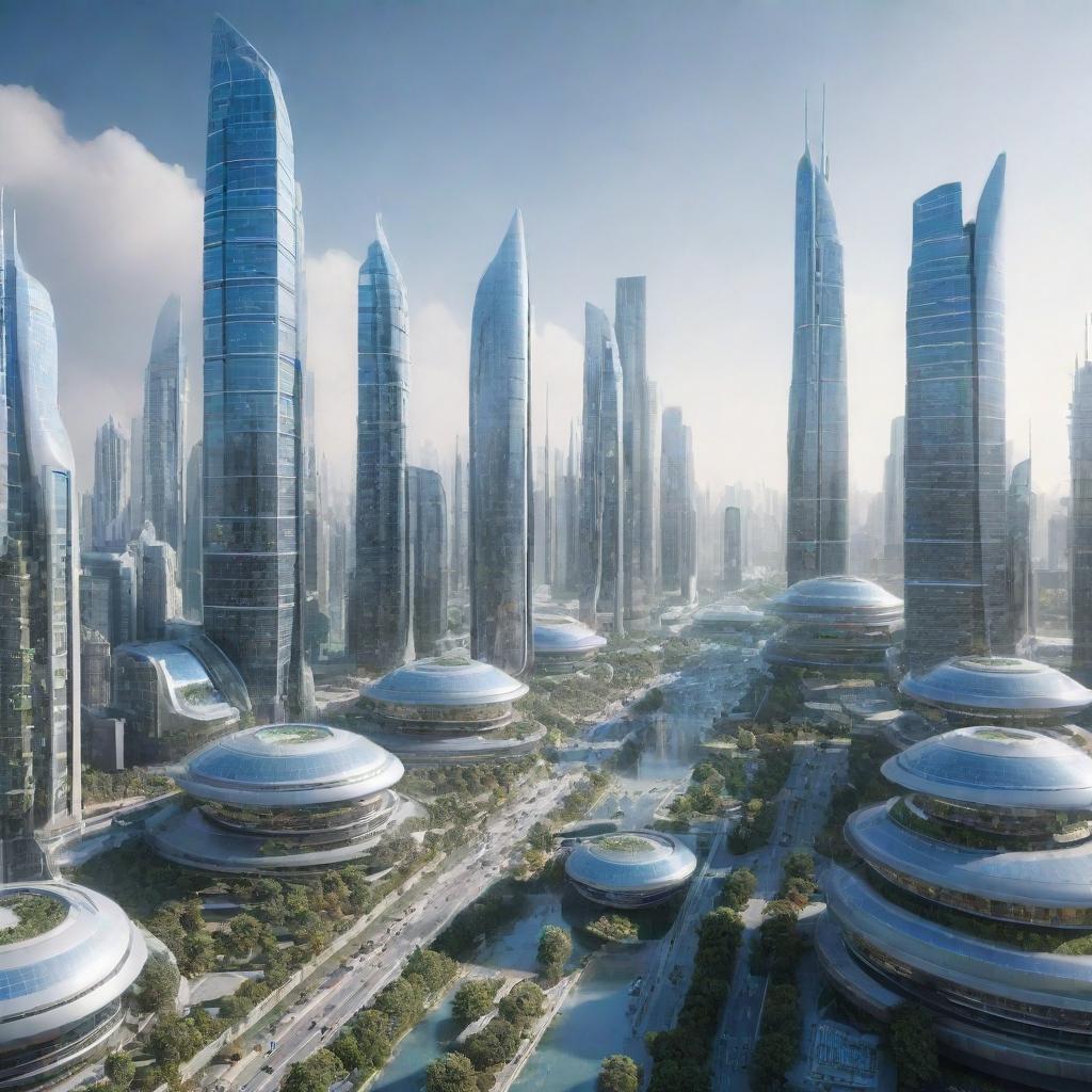 A futuristic cityscape in the year 2100, showcasing advanced technology, autonomous vehicles, energy-efficient skyscrapers, and humans coexisting with biotechnology enhancements