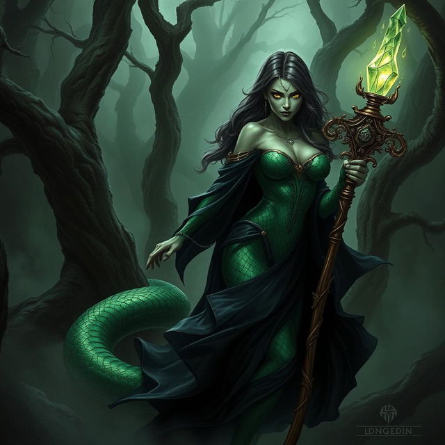 A sinister lamia from Dungeons & Dragons slinks through a shadowy forest, exuding an aura of malevolence