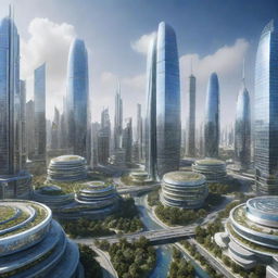 A futuristic cityscape in the year 2100, showcasing advanced technology, autonomous vehicles, energy-efficient skyscrapers, and humans coexisting with biotechnology enhancements